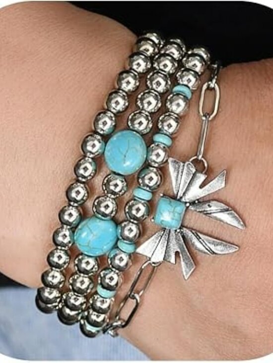 Jewelry - Boho 4 Layer Bracelet Set Turquoise Beaded Stretchy Brand New